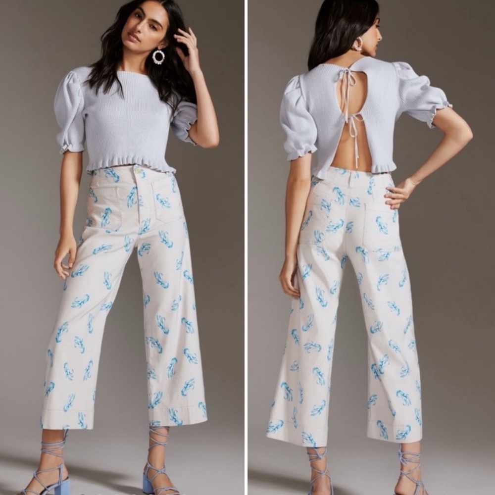 Maeve Anthropologie Colette Cropped Wide Leg Ivory Pants Blue Lobster Print 16W
